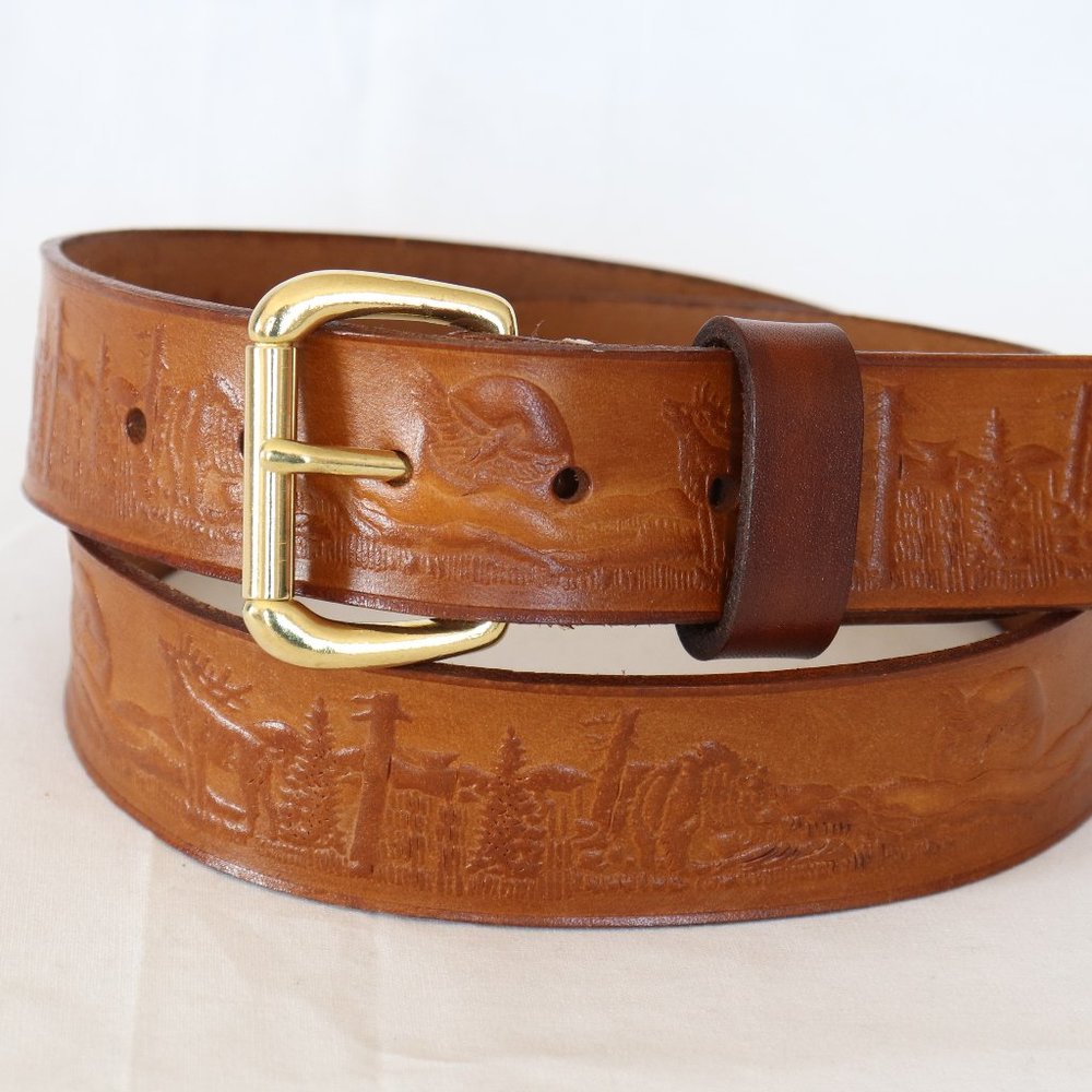 40" Handmade leather belt 100% cow hide brown embossed bears eagles deer tree R